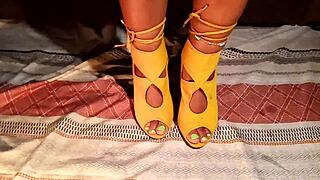 Super Sexy Girl Removes High Heels on Couch for Barefoot Sensual Foot Massage and Teasing Toes