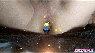 husband shows off his beautiful large butt plug with a shiny finish while fucking his hot wife prty escouple