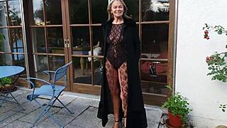 Mature Woman Shows Lace Bodysuit Outside In Heels