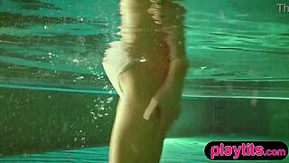 Tiny blonde russian milf skinny dips in pool to flaunt perky tits