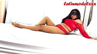 sexy chubby model poses in red lingerie for photoshoot