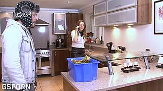 Housewife milf with sexy lingerie and hairy pussy fucked by hte fruitboy in kitchen
