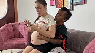 hey little dwarf stepsis playing on her phone, show me that... oh you're horny, now POUND my pregnant pussy with your huge cock!