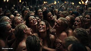 Ai-generated viking women at future rave party tease warriors naked with big dirty tits