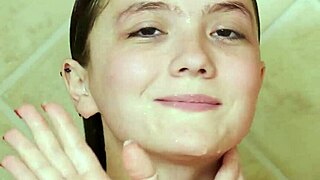 this charming brunette model freshened up after a steamy sofa session with family.